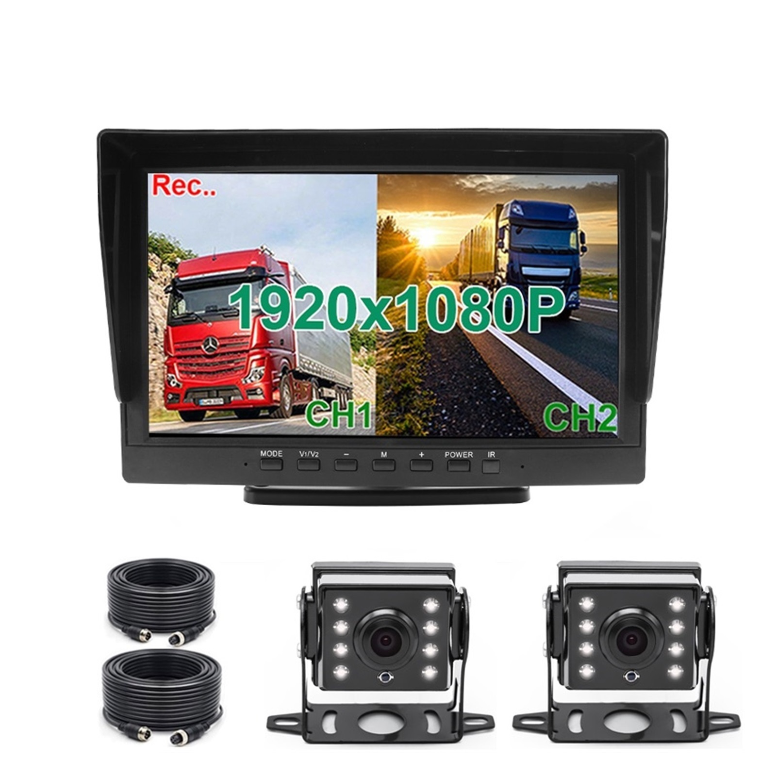 HD 1920x1080P 10.1 Inch IPS Screen Truck Bus Vehicle DVR Recorder Parking Monitor With 2 Channels Front Rear Side AHD Car Camera ,Car GPS Function